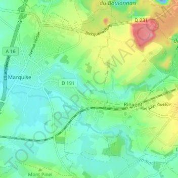 Bouquinghemの地形図、標高、地勢