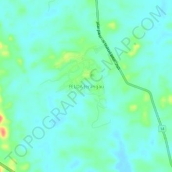 FELDA Jerangauの地形図、標高、地勢