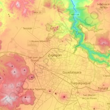 Zapopanの地形図、標高、地勢