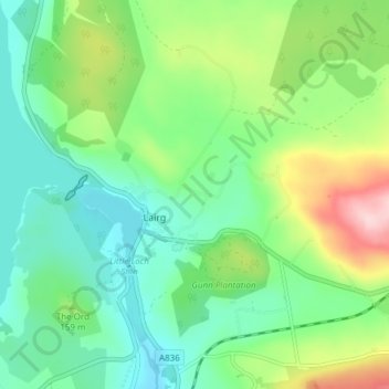 Lairg Muirの地形図、標高、地勢