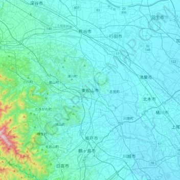 東松山市の地形図、標高、地勢