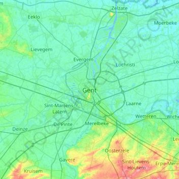 Ghentの地形図、標高、地勢