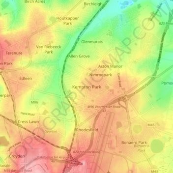 Kempton Parkの地形図、標高、地勢