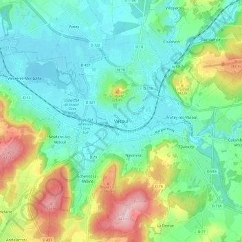 Vesoulの地形図、標高、地勢