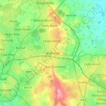 Aldridgeの地形図、標高、地勢
