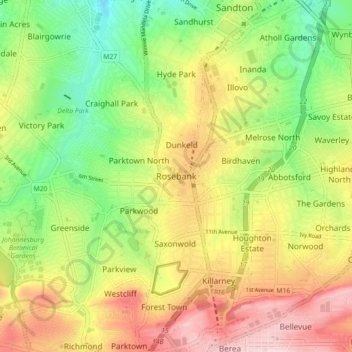 Rosebankの地形図、標高、地勢
