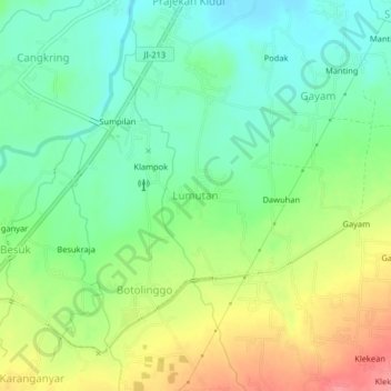 Lumutanの地形図、標高、地勢