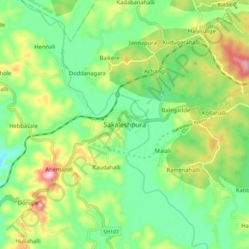 Sakleshpurの地形図、標高、地勢