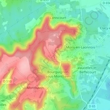 Les Creuttesの地形図、標高、地勢