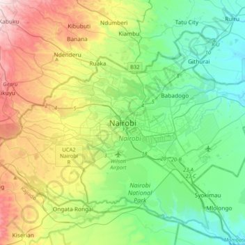 Nairobiの地形図、標高、地勢