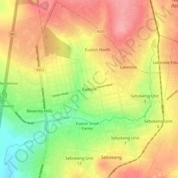 Evatonの地形図、標高、地勢