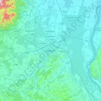 Mulhouseの地形図、標高、地勢