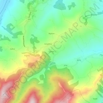 Cominiの地形図、標高、地勢