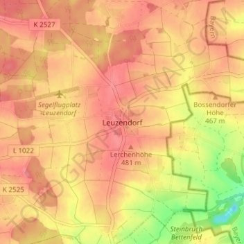 Leuzendorfの地形図、標高、地勢