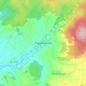 Poppenreuthの地形図、標高、地勢