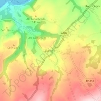 Llanarthの地形図、標高、地勢