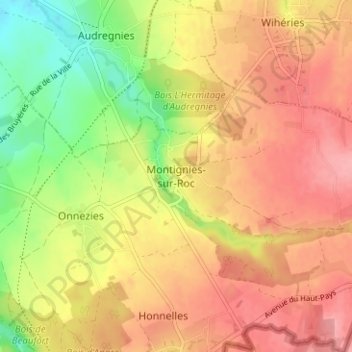 Montignies-sur-Rocの地形図、標高、地勢