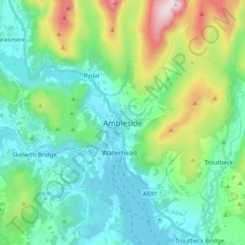 Amblesideの地形図、標高、地勢