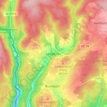 Langenauの地形図、標高、地勢