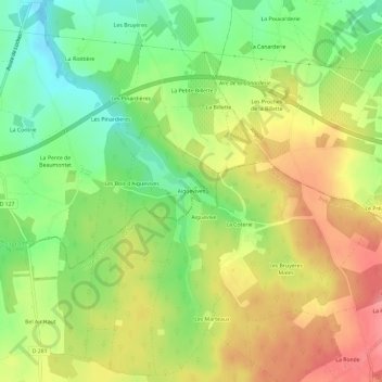 Aiguevivesの地形図、標高、地勢