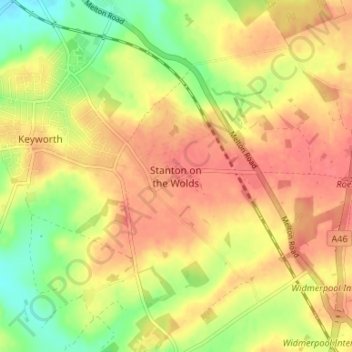 Stanton on the Woldsの地形図、標高、地勢