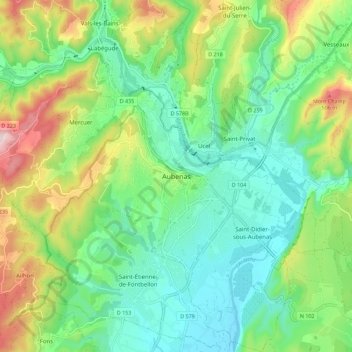 Aubenasの地形図、標高、地勢