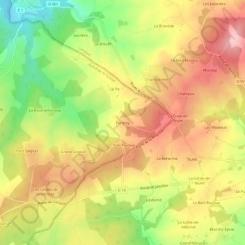 Pontroyの地形図、標高、地勢
