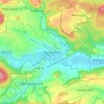 Gemeinfeldの地形図、標高、地勢