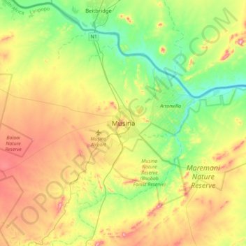 Musinaの地形図、標高、地勢