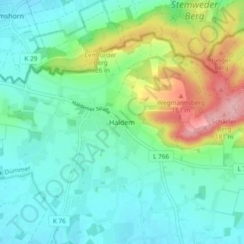 Haldemの地形図、標高、地勢