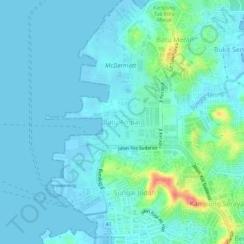 Batu Amparの地形図、標高、地勢