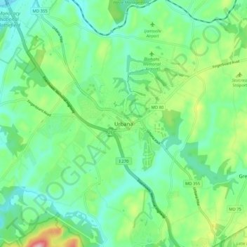 Urbanaの地形図、標高、地勢