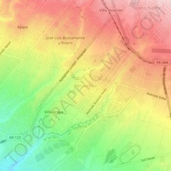 Peruarbooの地形図、標高、地勢