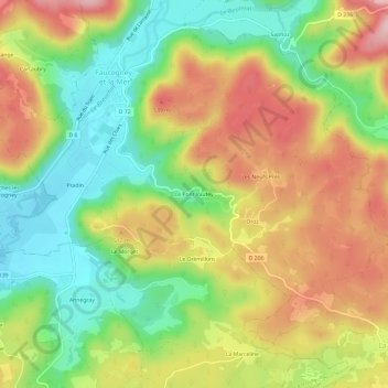 Le Pont Vauteyの地形図、標高、地勢