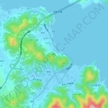 東町の地形図、標高、地勢