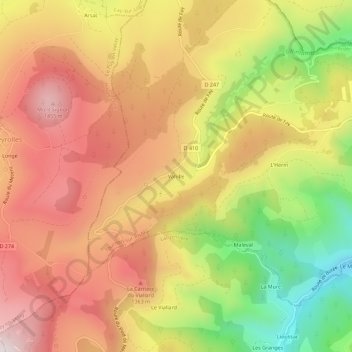 Vahilleの地形図、標高、地勢