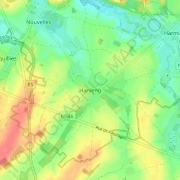 Harvengの地形図、標高、地勢