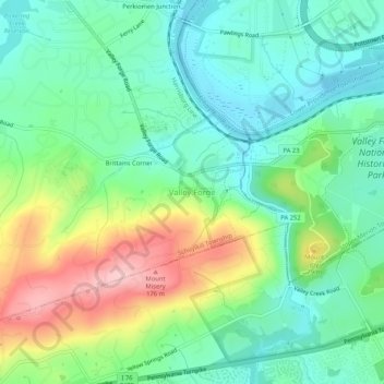 Valley Forgeの地形図、標高、地勢