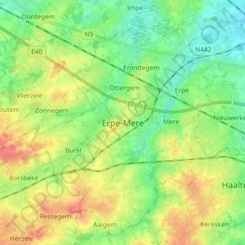 Erpe-Mereの地形図、標高、地勢