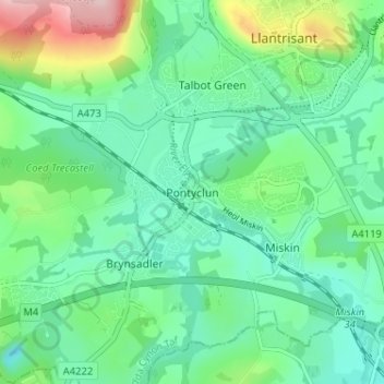Pontyclunの地形図、標高、地勢