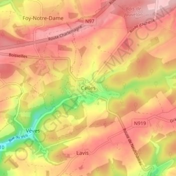 Cellesの地形図、標高、地勢