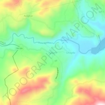 Adjiounの地形図、標高、地勢