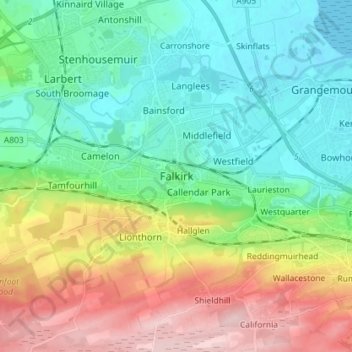 Falkirkの地形図、標高、地勢