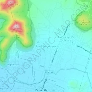 San Pablo Jolalpanの地形図、標高、地勢