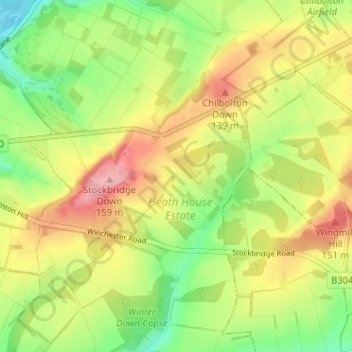 Sandy Downの地形図、標高、地勢