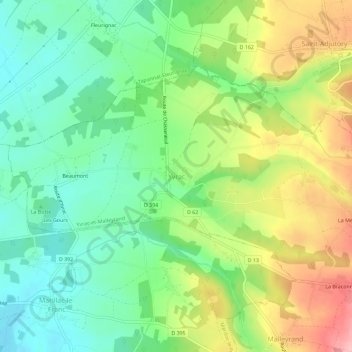 Yvracの地形図、標高、地勢