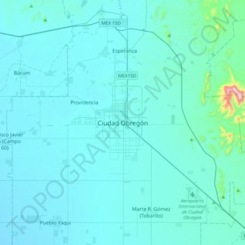 Ciudad Obregónの地形図、標高、地勢