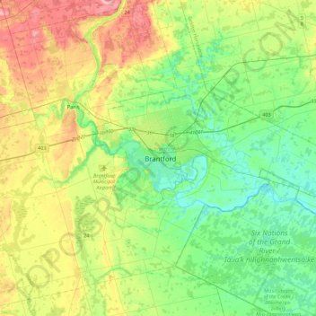 Brantfordの地形図、標高、地勢