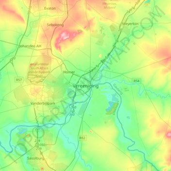 Vereenigingの地形図、標高、地勢