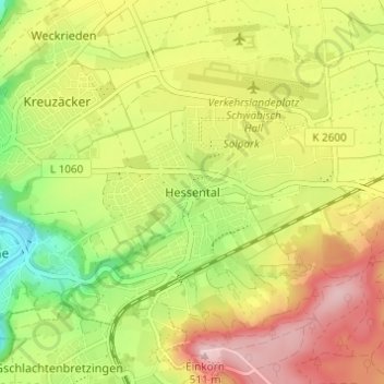 Hessentalの地形図、標高、地勢